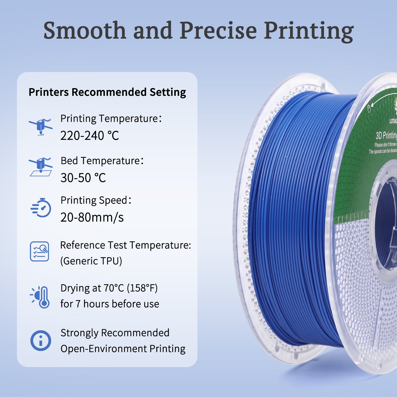 Blue TPU Filament, 95A TPU Filament 1.75mm +/-0.03mm, Rubber-Like Soft 3D Printer Filament