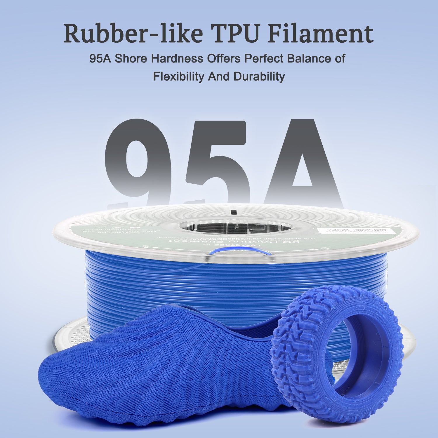 Blue TPU Filament, 95A TPU Filament 1.75mm +/-0.03mm, Rubber-Like Soft 3D Printer Filament