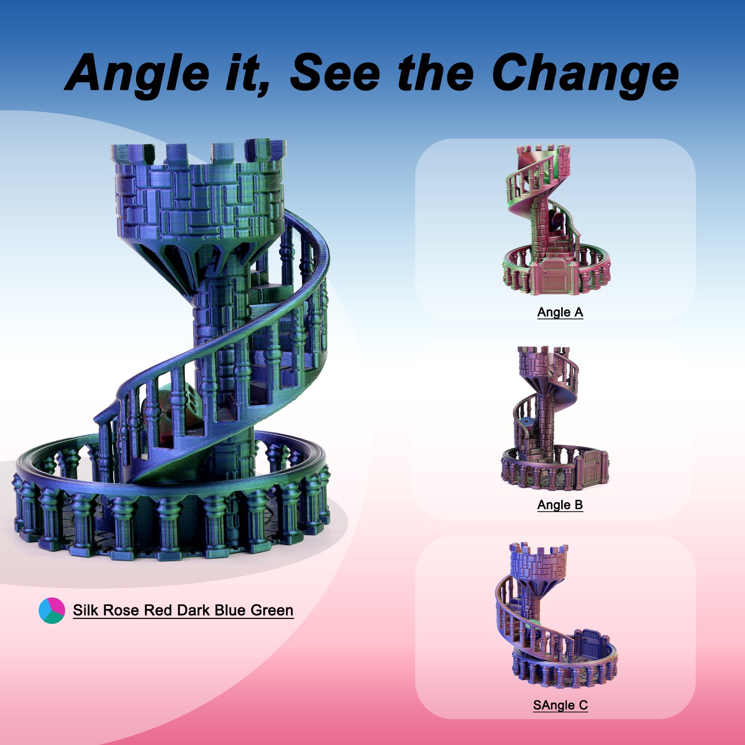 Silk PLA Filament 1.75mm, Triple Colors Pink/Green/Dark Blue, PLA Filament 1kg(2.2lbs)