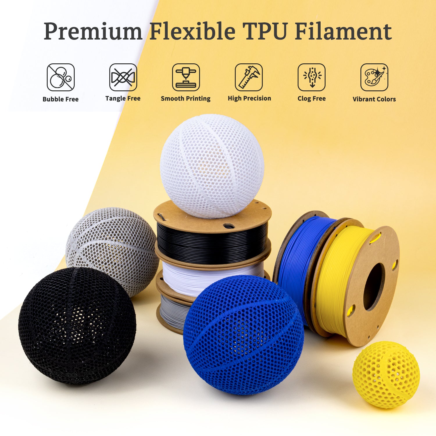 Yellow TPU Filament 1.75mm 250g (0.55lb), 95A Flexible Filament, Rubber-Like 3D Printer Filament, High Elasticity TPU Filament, +/-0.03mm Accuracy