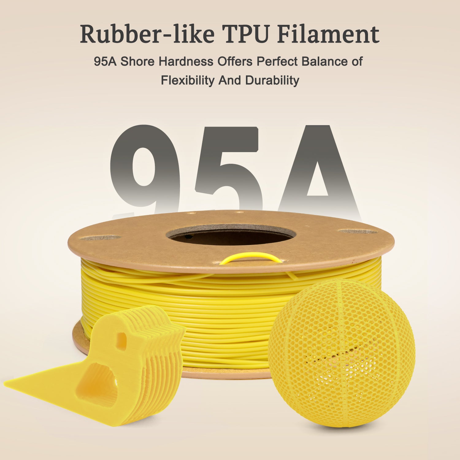 Yellow TPU Filament 1.75mm 250g (0.55lb), 95A Flexible Filament, Rubber-Like 3D Printer Filament, High Elasticity TPU Filament, +/-0.03mm Accuracy